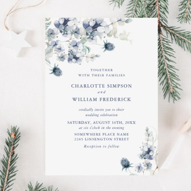 Elegant Dusty Blue Boho Winter Foliage Bröllop Inbjudningar (Skapare uppladdad)