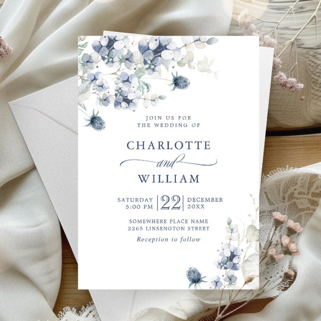 Elegant Dusty Blue Boho Winter Foliage Bröllop Inbjudningar (Skapare uppladdad)