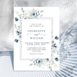 Elegant Dusty Blue Boho Winter Foliage Bröllop Inbjudningar