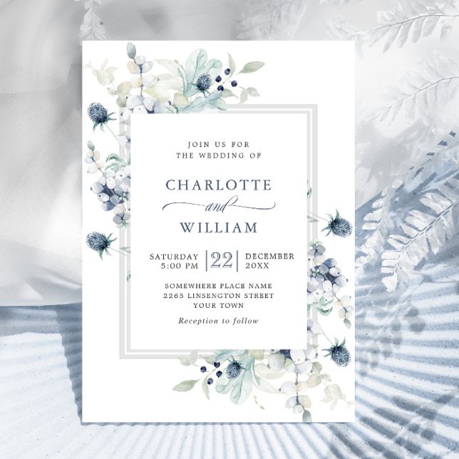 Elegant Dusty Blue Boho Winter Foliage Bröllop Inbjudningar (Skapare uppladdad)