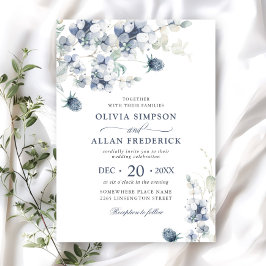 Elegant Dusty Blue Boho Winter Foliage Bröllop Inbjudningar