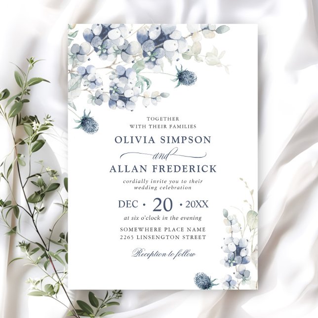 Elegant Dusty Blue Boho Winter Foliage Bröllop Inbjudningar (Skapare uppladdad)