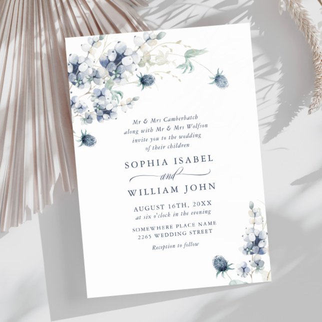 Elegant Dusty Blue Boho Winter Foliage Bröllop Inbjudningar (Skapare uppladdad)