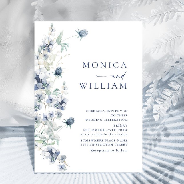 Elegant Dusty Blue Boho Winter Foliage Bröllop Inbjudningar (Skapare uppladdad)