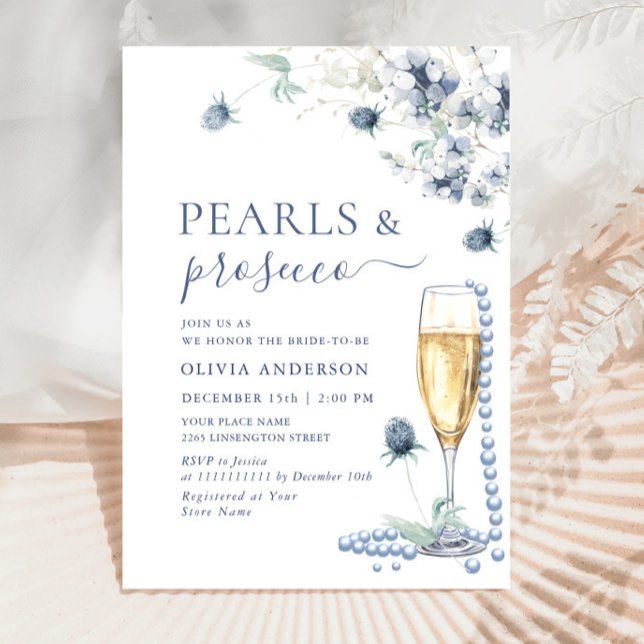 Elegant Dusty Blue Boho Winter PEARLS & Prosecco Inbjudningar (Skapare uppladdad)