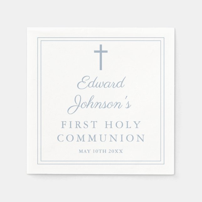 Elegant Dusty Blue Border First Holy Communion Pappersservett (Framsidan)