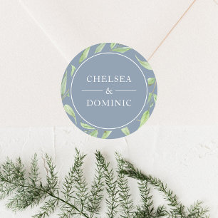Elegant Dusty Blue Botanical Bröllop etikett