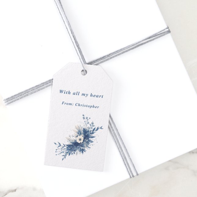 Elegant Dusty Blue Botanical Floral Wedding Presentetikett (Skapare uppladdad)
