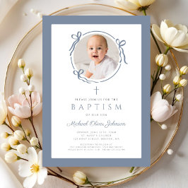 Elegant Dusty Blue Bow Photo Baptism Inbjudningar
