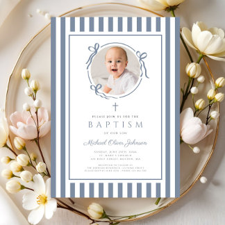Elegant Dusty Blue Bow Photo Boy Baptism Inbjudningar