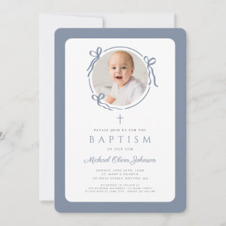 Elegant Dusty Blue Bow Photo Boy Baptism Inbjudningar