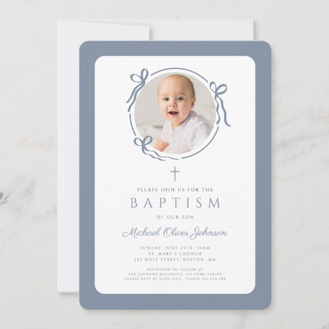 Elegant Dusty Blue Bow Photo Boy Baptism Inbjudningar (Framsida)