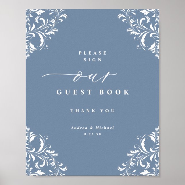 Elegant Dusty Blue Bröllop Guest Bok Poster (Framsidan)