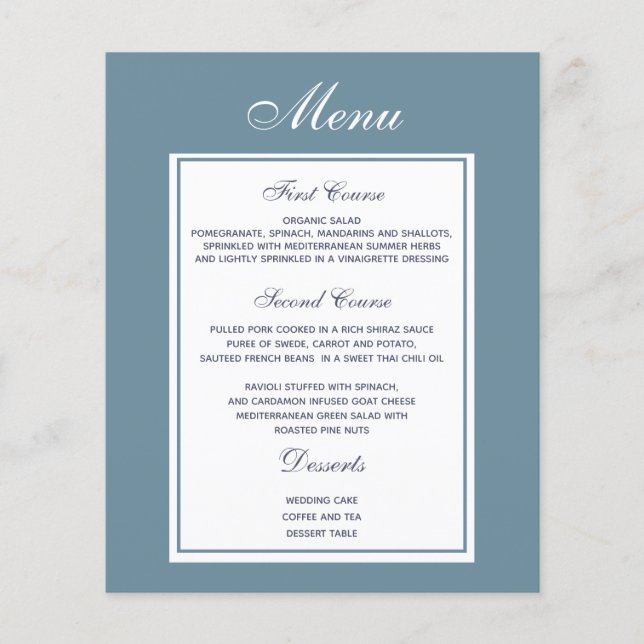 Elegant Dusty Blue Bröllop Menu (Framsida)