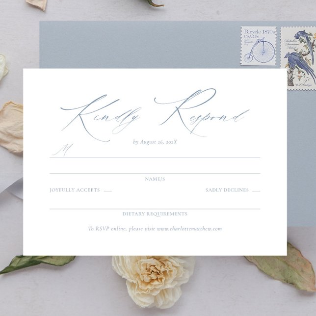 Elegant Dusty Blue-Bröllop OSA i handskriftsformat Kort (elegant dusty blue wedding response card, dainty script rsvp card, wedding enclosure card)