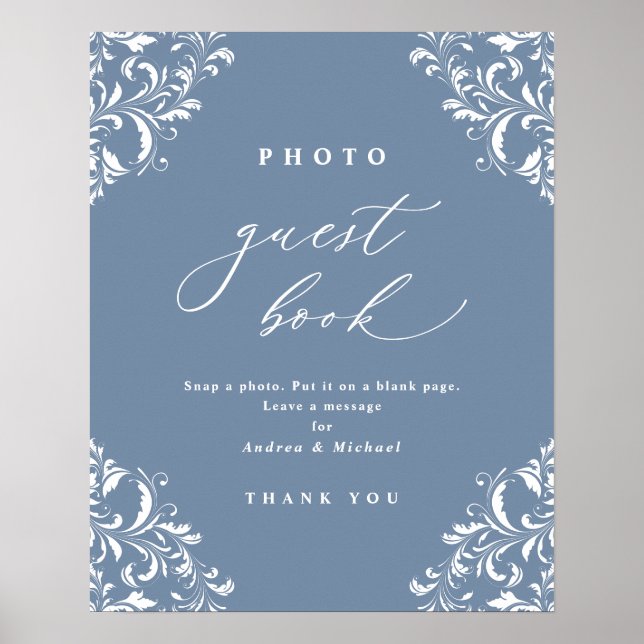 Elegant Dusty Blue Bröllop Photo Guest Bok Poster (Framsidan)