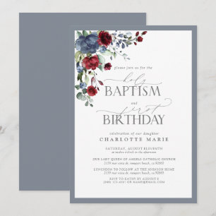 Elegant Dusty Blue Burgundy Baptism 1:a födelsedag Inbjudningar