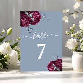 Elegant Dusty Blue Burgundy Blommigt Bordsnummer