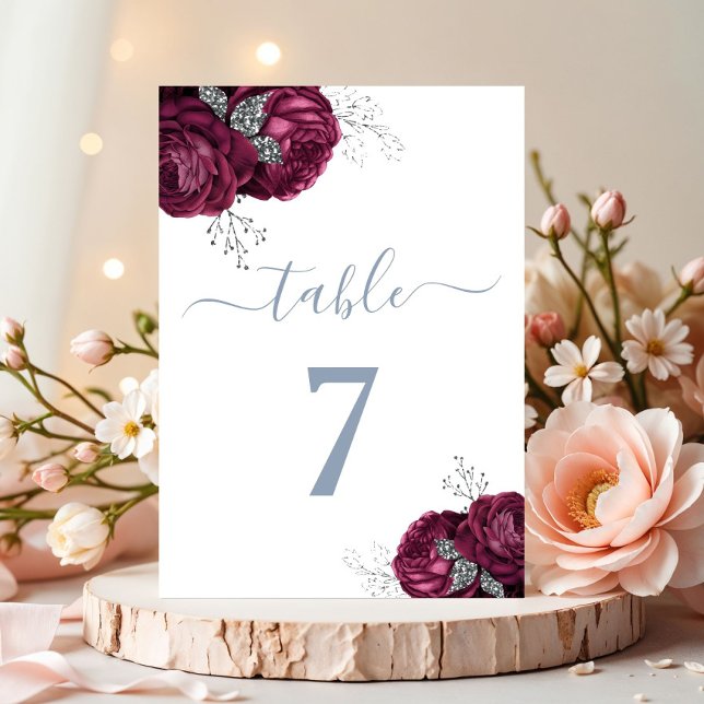 Elegant Dusty Blue Burgundy Peonies Bordsnummer (Elegant Dusty Blue Burgundy Peonies Table Number)