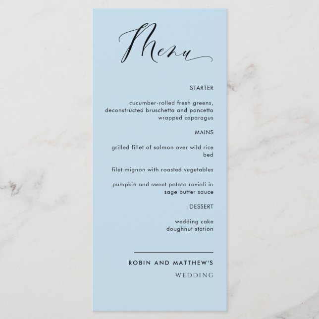 Elegant Dusty Blue Calligraphy Bröllop / Reception Meny (Framsida)