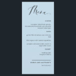 Elegant Dusty Blue Calligraphy Bröllop / Reception Meny<br><div class="desc">Menykort för elegant dammig blå bröllop eller middagsmottagning. Contemporary, enkel design och elegant med snygg, handskriven kalligrafi. Bakgrund, färg, i dammig blå ton. Förmåga att ändra både fram- och/eller bakgrunden till färg genom att markera "anpassa ytterligare". Utformning som är tillgänglig i flera olika alternativ i färg. En del av vår...</div>