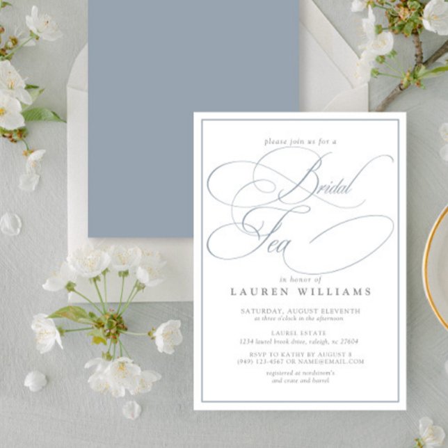 Elegant Dusty Blue Calligraphy Formal Möhippa Tea Inbjudningar (Skapare uppladdad)