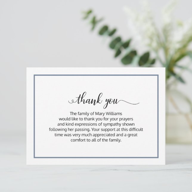 Elegant Dusty Blue Calligraphy Funeral Tack (Stående Fram)