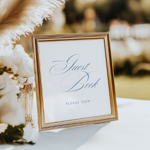Elegant Dusty Blue Calligraphy Guest Bok Bröllop Poster