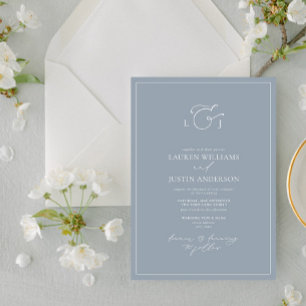 Elegant Dusty Blue Calligraphy Monogram Bröllop Inbjudningar
