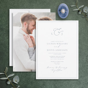 Elegant Dusty Blue Calligraphy Monogram Photo Inbjudningar