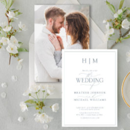 Elegant Dusty Blue Calligraphy Monogram Photo Inbjudningar