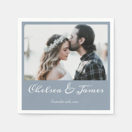 Elegant Dusty Blue Calligraphy Photo Bröllop Pappersservett