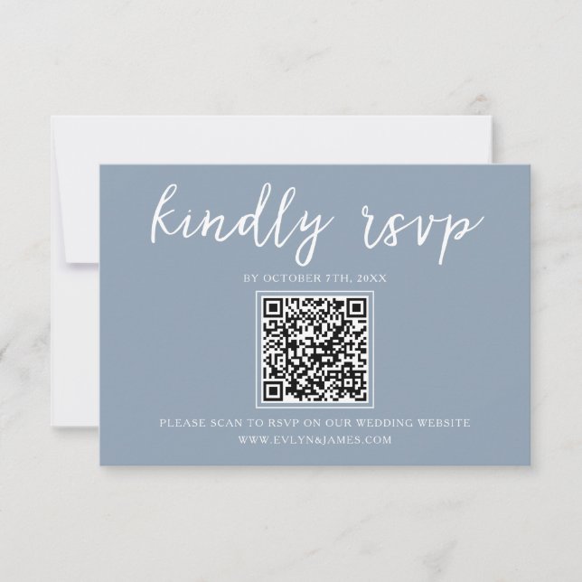 Elegant Dusty Blue Calligraphy QR Code Bröllop OSA Kort (Framsida)