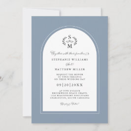 Elegant Dusty Blue Calligraphy Vapensköld Arch Brö Inbjudningar