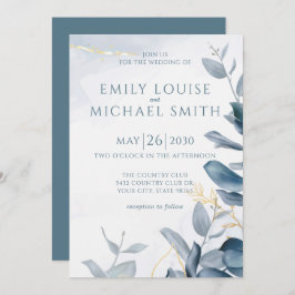 Elegant Dusty Blue Cerulean Guld Foliage Bröllop Inbjudningar