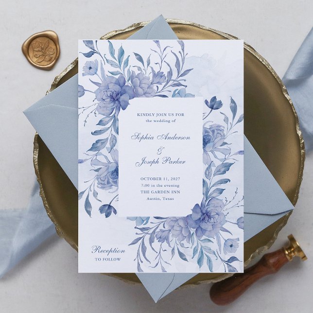 Elegant Dusty Blue Chinoiserie Blommigt Bröllop Inbjudningar (Skapare uppladdad)