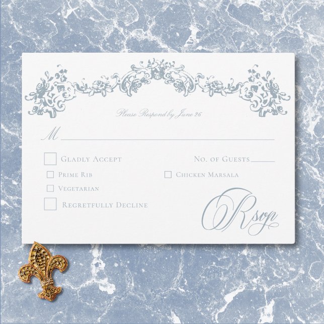 Elegant Dusty Blue Chinoiserie Cherub Bröllop OSA Kort (Elegant Dusty Blue Chinoiserie Cherub Wedding RSVP Card)