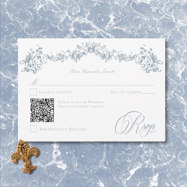 Elegant Dusty Blue Chinoiserie Cherub Bröllop QR OSA Kort (Elegant Dusty Blue Chinoiserie Cherub Wedding QR RSVP Card)