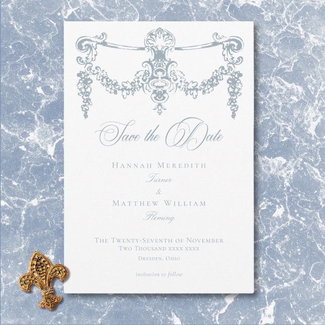 Elegant Dusty Blue Chinoiserie Cherub Bröllop Spara Datumet (Elegant Dusty Blue Chinoiserie Cherub Wedding Save The Date)