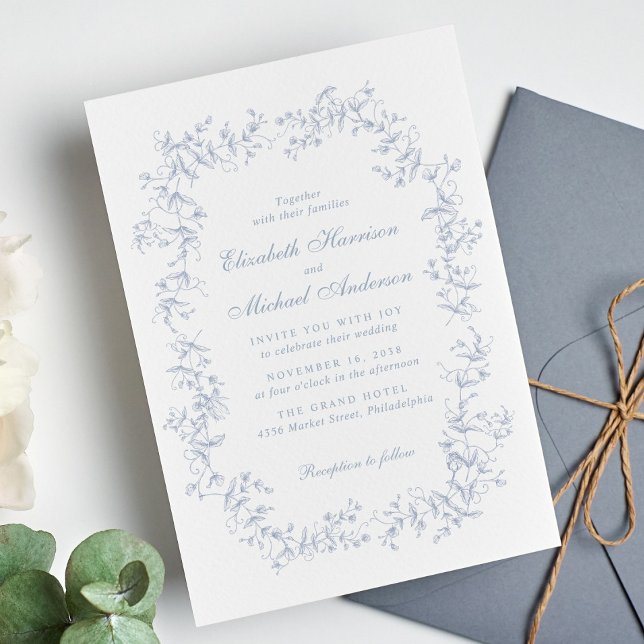 Elegant Dusty Blue Chinoiserie Watercolor Bröllop Inbjudningar (Skapare uppladdad)