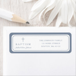 Elegant Dusty Blue Cross Boy Baptism Address Returadress Etikett