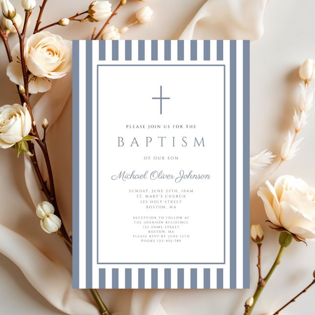 Elegant Dusty Blue Cross Boy Baptism Inbjudningar (Elegant Dusty Blue Cross Boy Baptism Invitation)