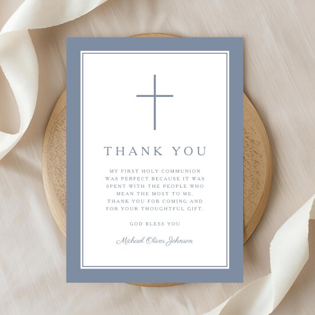 Elegant Dusty Blue Cross Boy First Communion Tack Kort (Elegant Dusty Blue Cross Boy First Communion Thank You Card
)