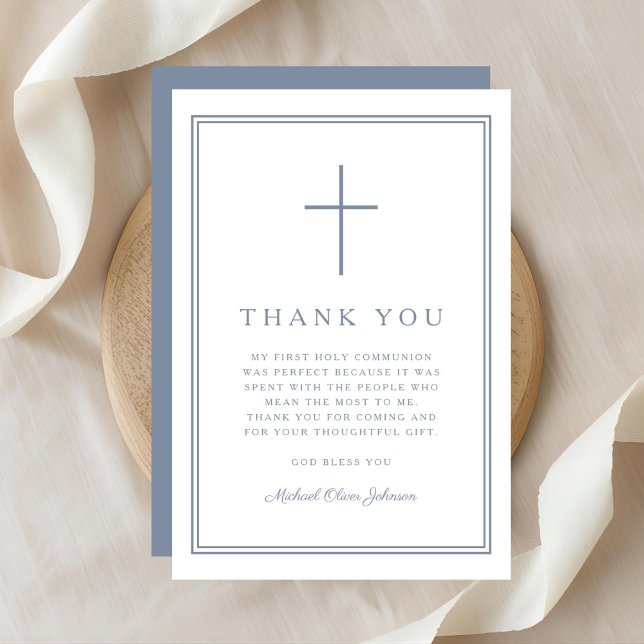 Elegant Dusty Blue Cross Boy First Holy Communion Tack Kort (Elegant Dusty Blue Cross Boy First Holy Communion Thank You Card)