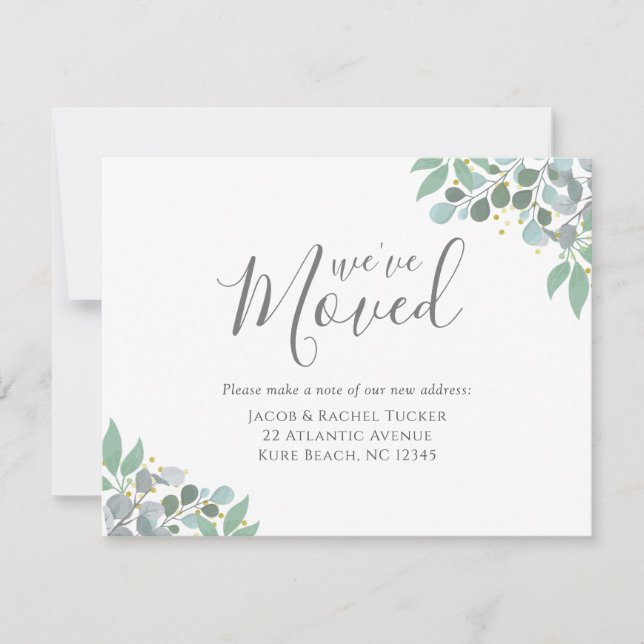 Elegant Dusty Blue Eucalyptus Flytta Announcement (Framsida)