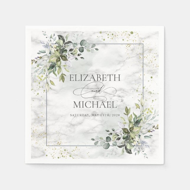 Elegant Dusty Blue Eucalyptus Greenery Marble Pappersservett (Framsidan)