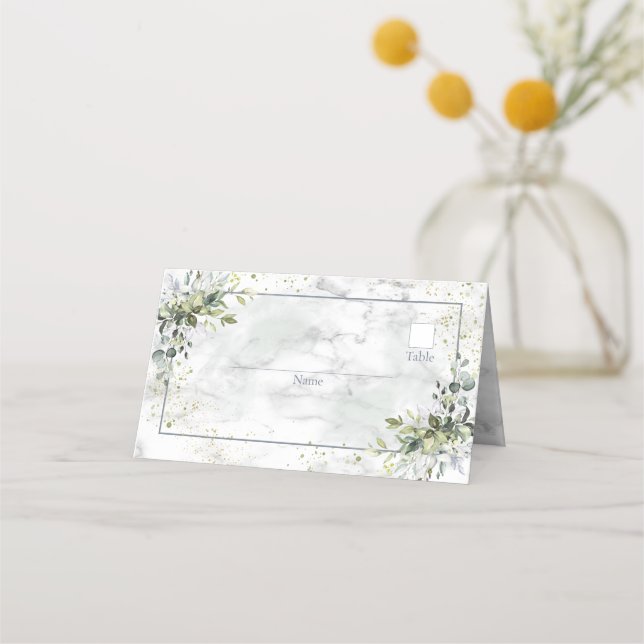 Elegant Dusty Blue Eucalyptus Greenery Marble Placeringskort (Framsida)