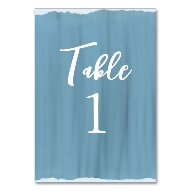 Elegant Dusty Blue Faux Glass Paskriven Bröllop Bordsnummer (Framsidan)