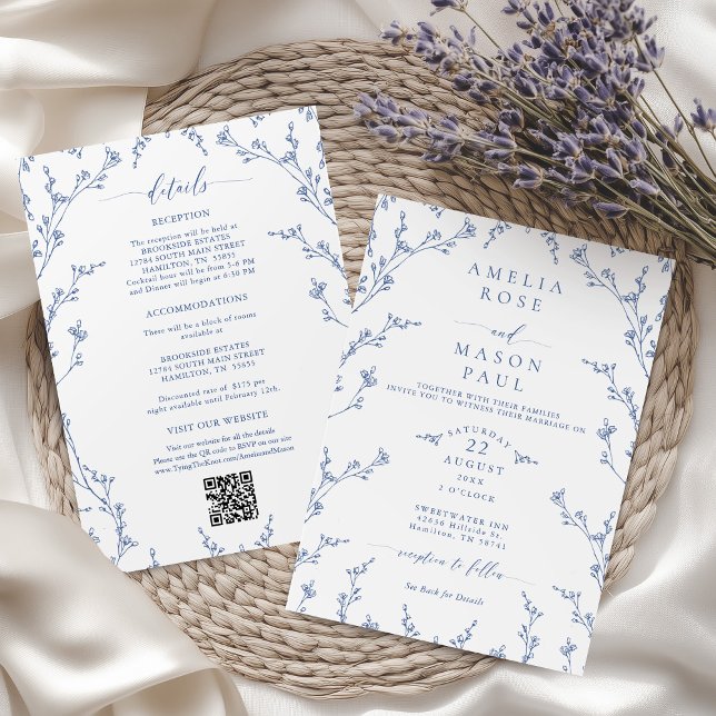 Elegant Dusty Blue Floral All-In-One Wedding Inbjudningar (Elegant Dusty Blue Floral All-In-One Wedding Invitation)