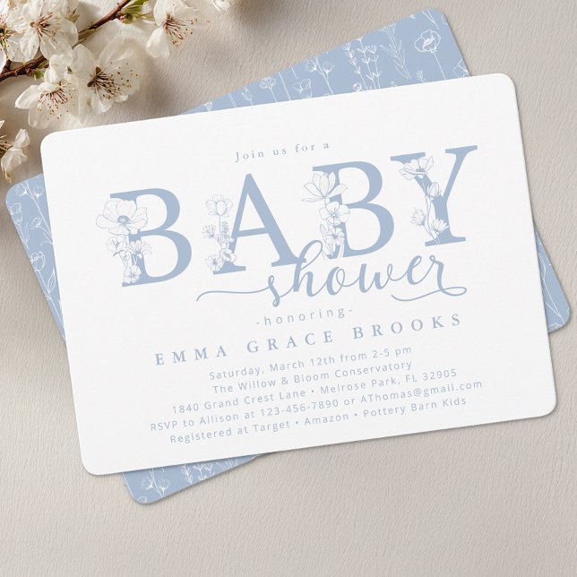 Elegant Dusty Blue Floral Baby Shower Typography Inbjudningar (Dusty Blue Baby Shower Invite)